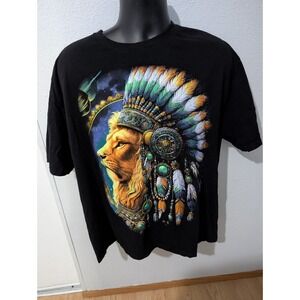 Lion Headdress Graphic T‎ Shirt Mens XL Black Fantasy Tribal Art Double Sided
